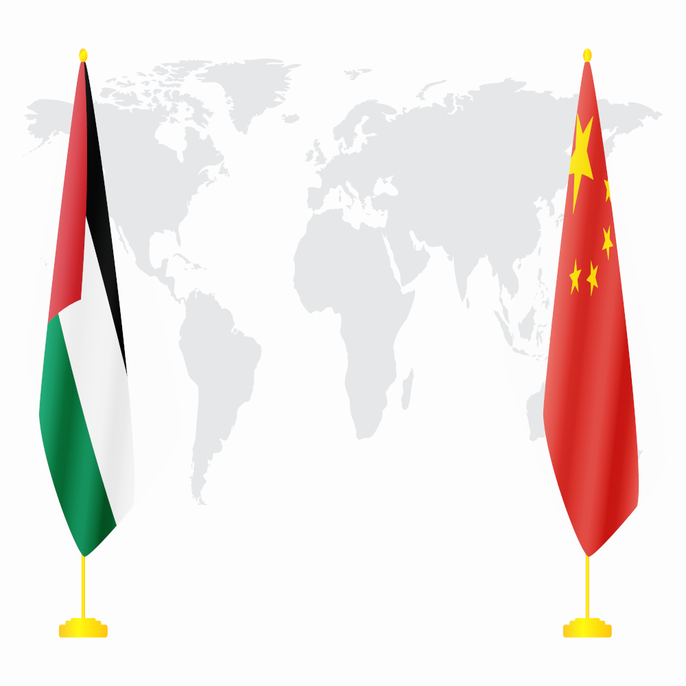 Flags of Palestine and China on the world map